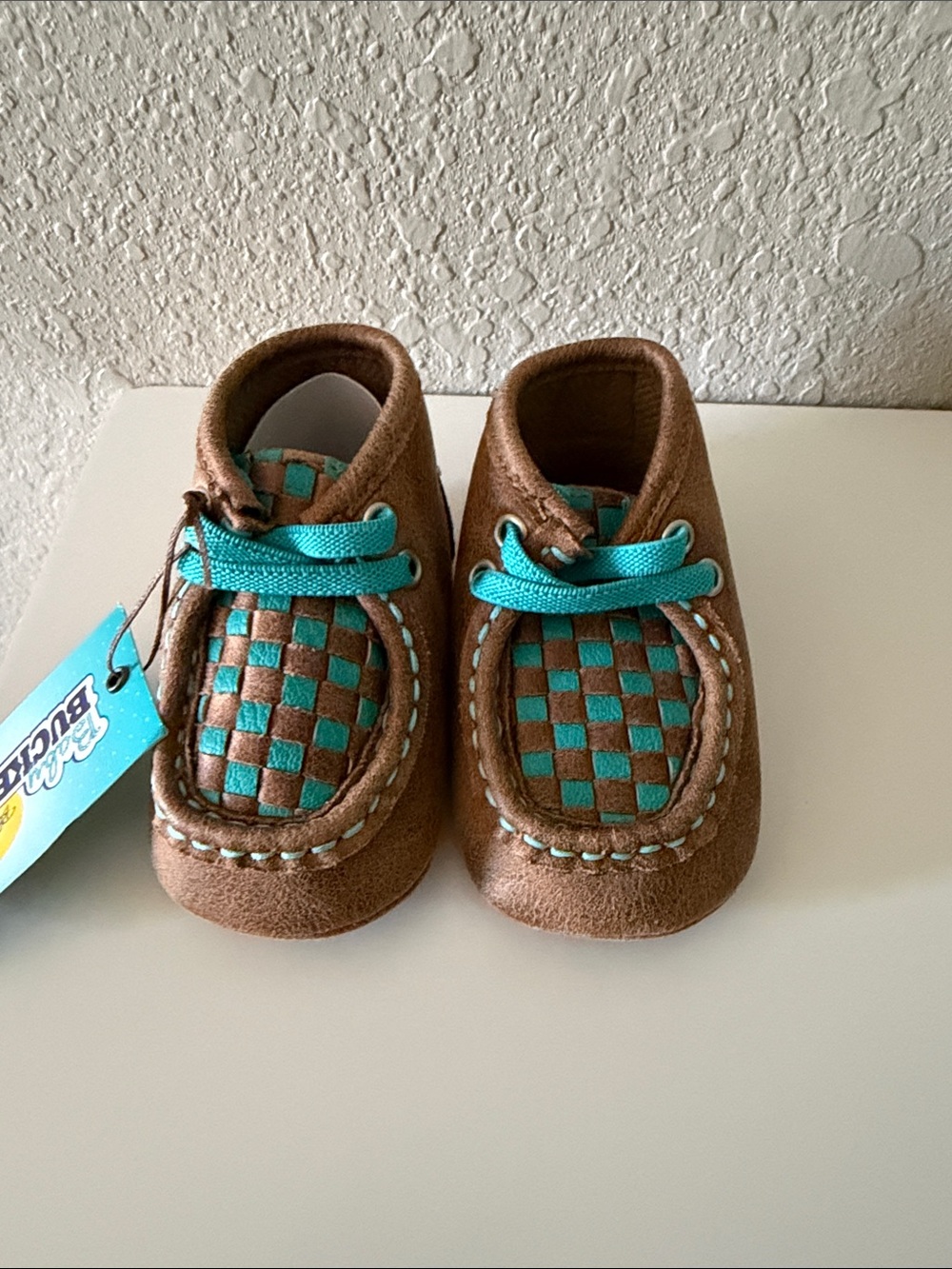 Unisex Kids Brown Moccasins with Teal Woven Accent -